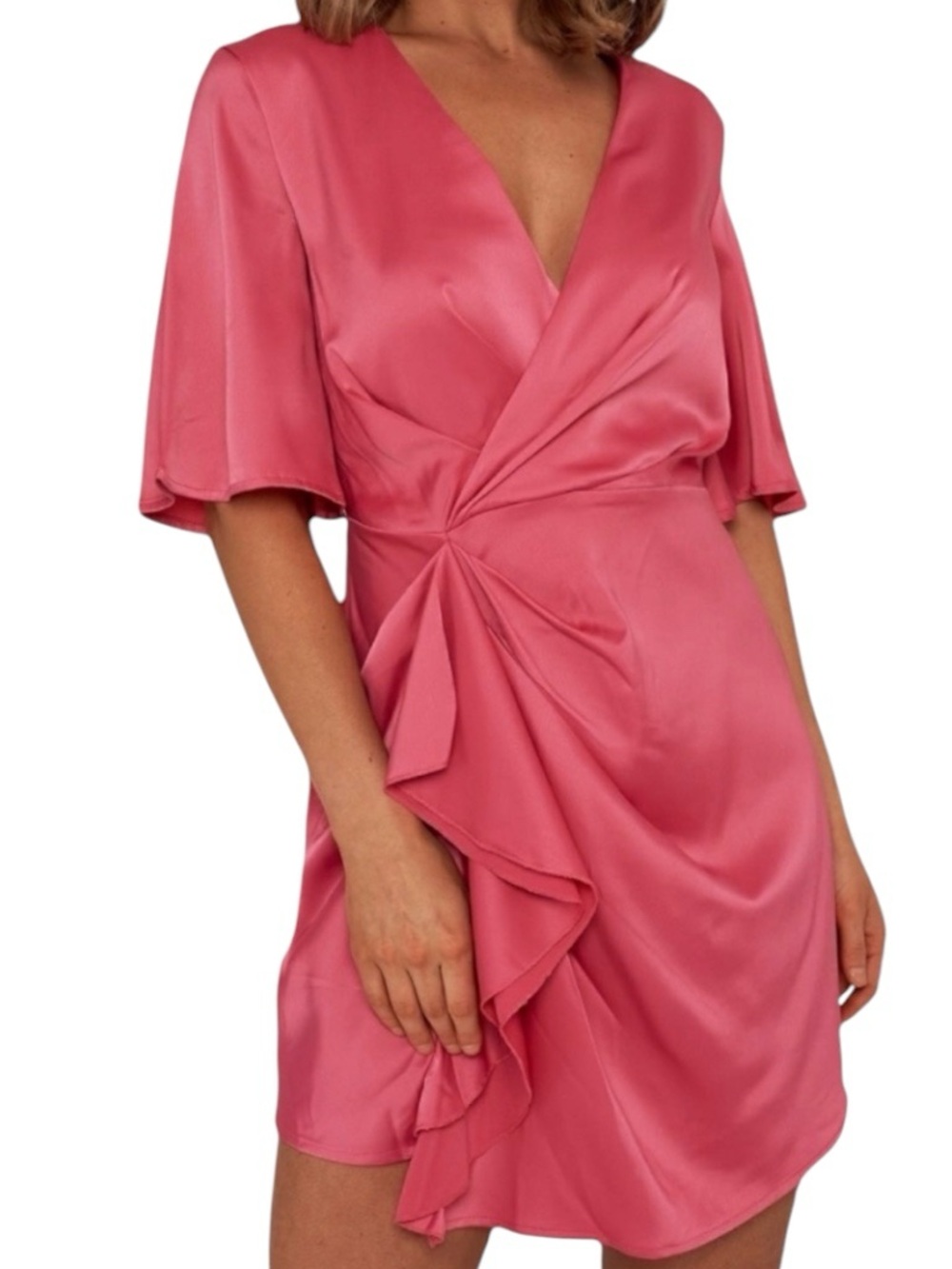 Edit White Closet Hot Pink Satin Wrap Ruffle Mini Dress